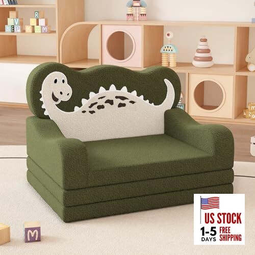 2-in-1 Toddler Couch Fold Out, Foldable Kids Sofa, Kids Chairs Dark Green