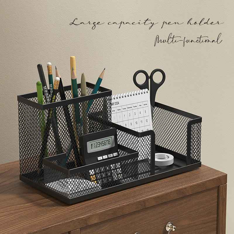 Black Mesh Desk Organizer - 3 Compartments with Pencil Holder & Storage Baskets,