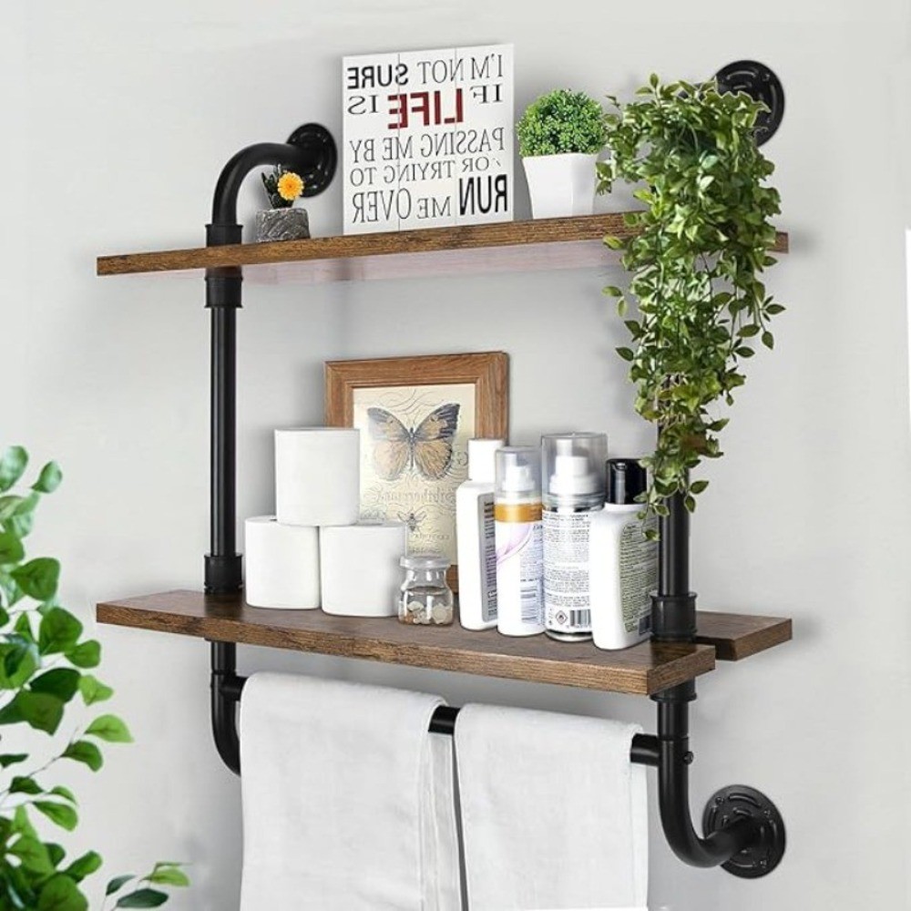 2-Tier Industrial Pipe Floating Shelf Wall Mount Bathroom Towel Bar Storage