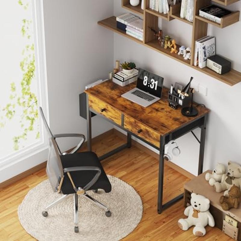 Rustic Brown Computer Desk W/ Storage Drawers Study Table Small Spaces New