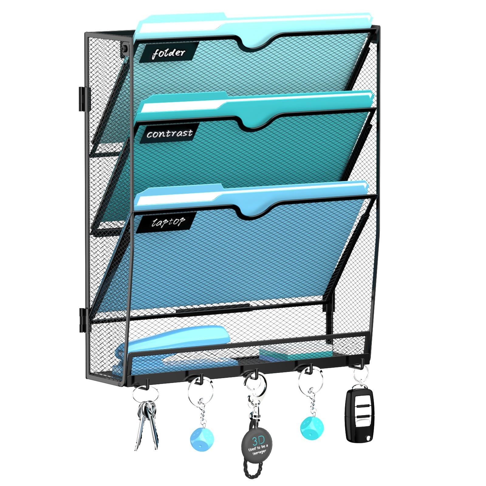 Black 3 Tier Wall File Organizer Hanging Mail Folders Holder With 5 Hooks