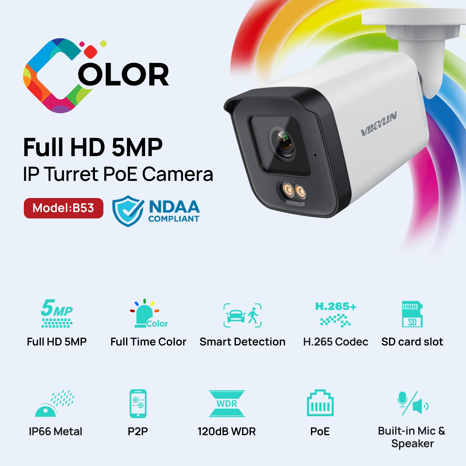 VIKYLIN 5MP Full Color POE Security Camera Built-in MIC Speaker Motion Detection