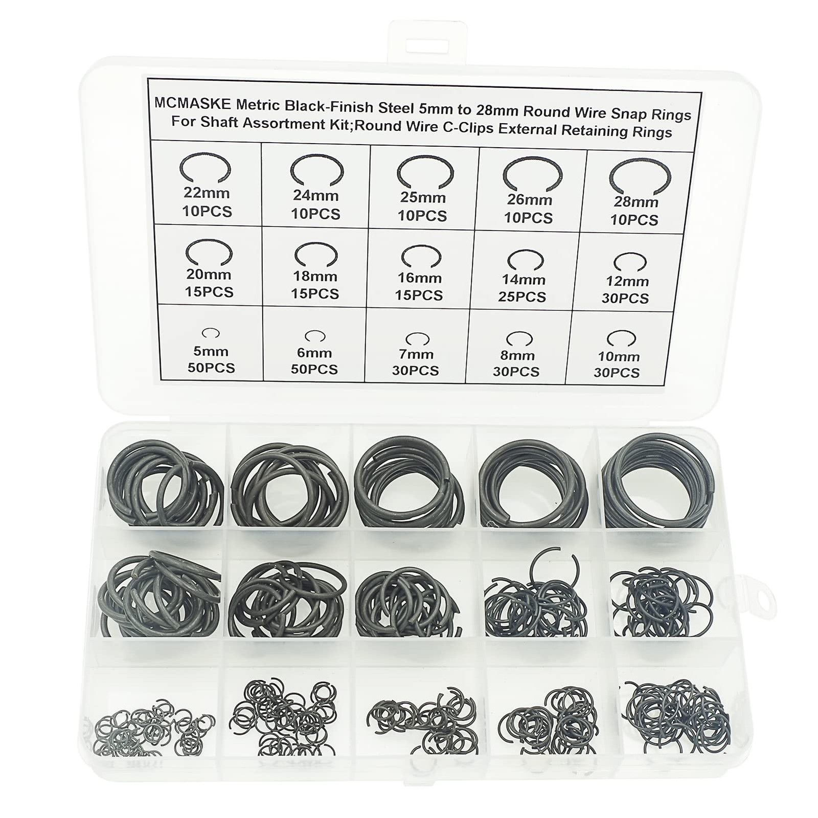 MCMASKE Metric 5mm to 28mm Round Wire C-Clips External 28mm, Black