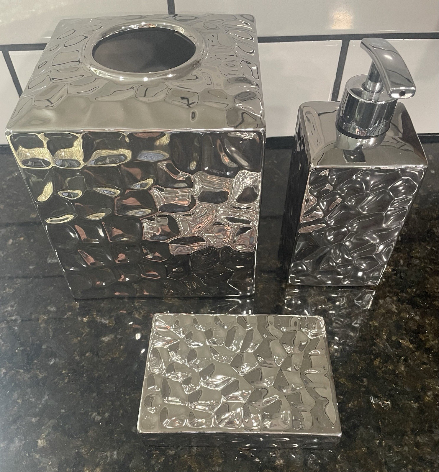 New! 3 "Chrome Crush Collection" Bathroom Soap Dispenser, Tissue Box, Soap Dish