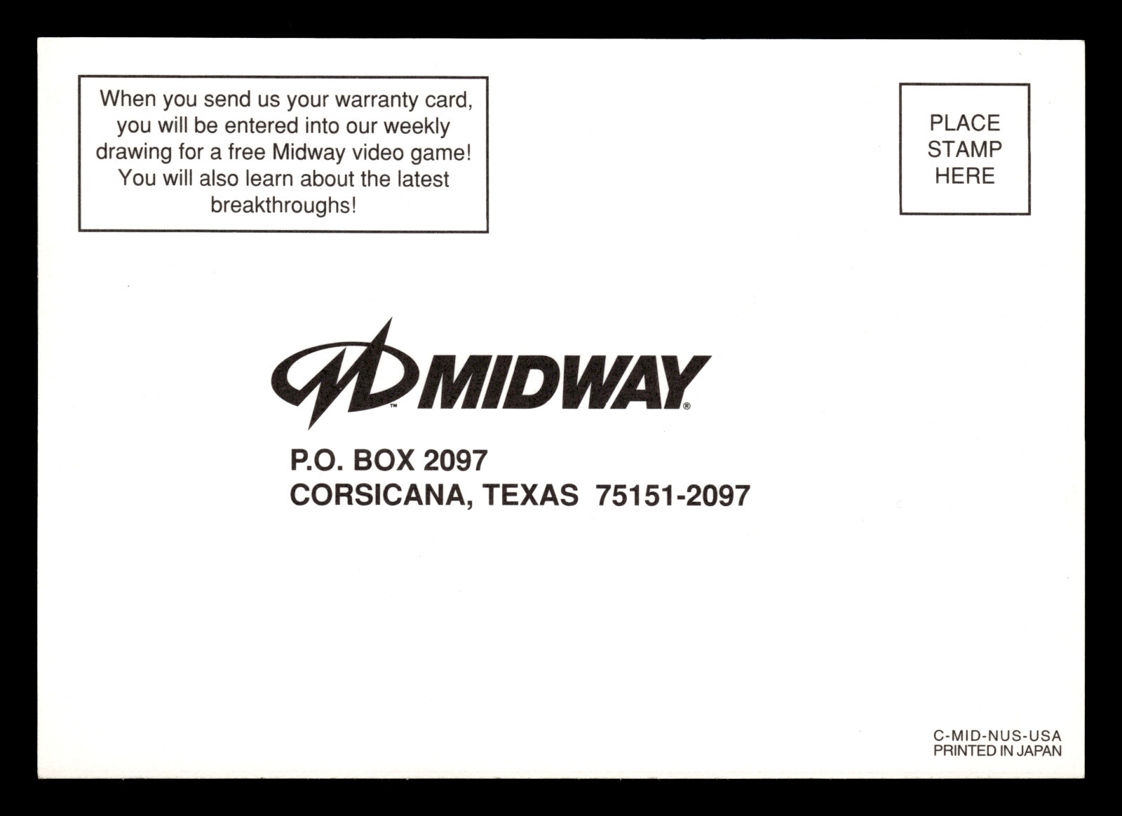 Midway Warranty Registration & Free Drawing Card [C-MID-NUS-USA] (Nintendo 64)