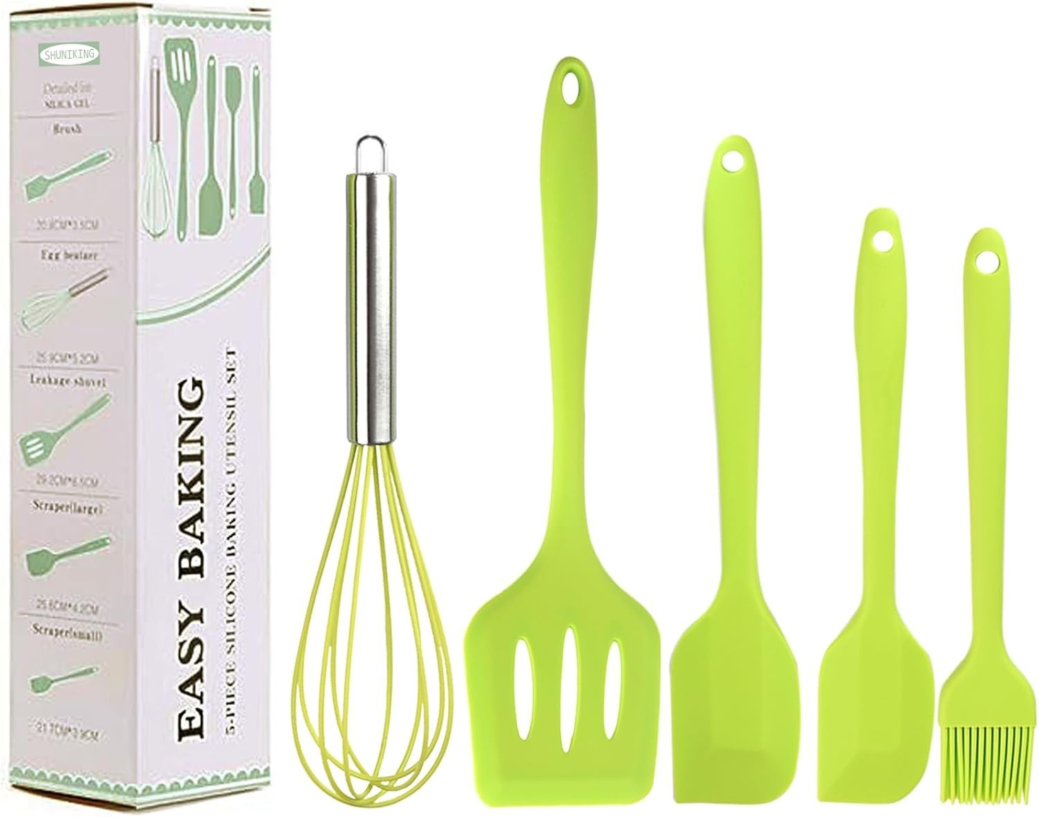 5Pc Silicone Kitchen Utensil Set, Green, Spatulas Whisk Brush, Heat Resistant