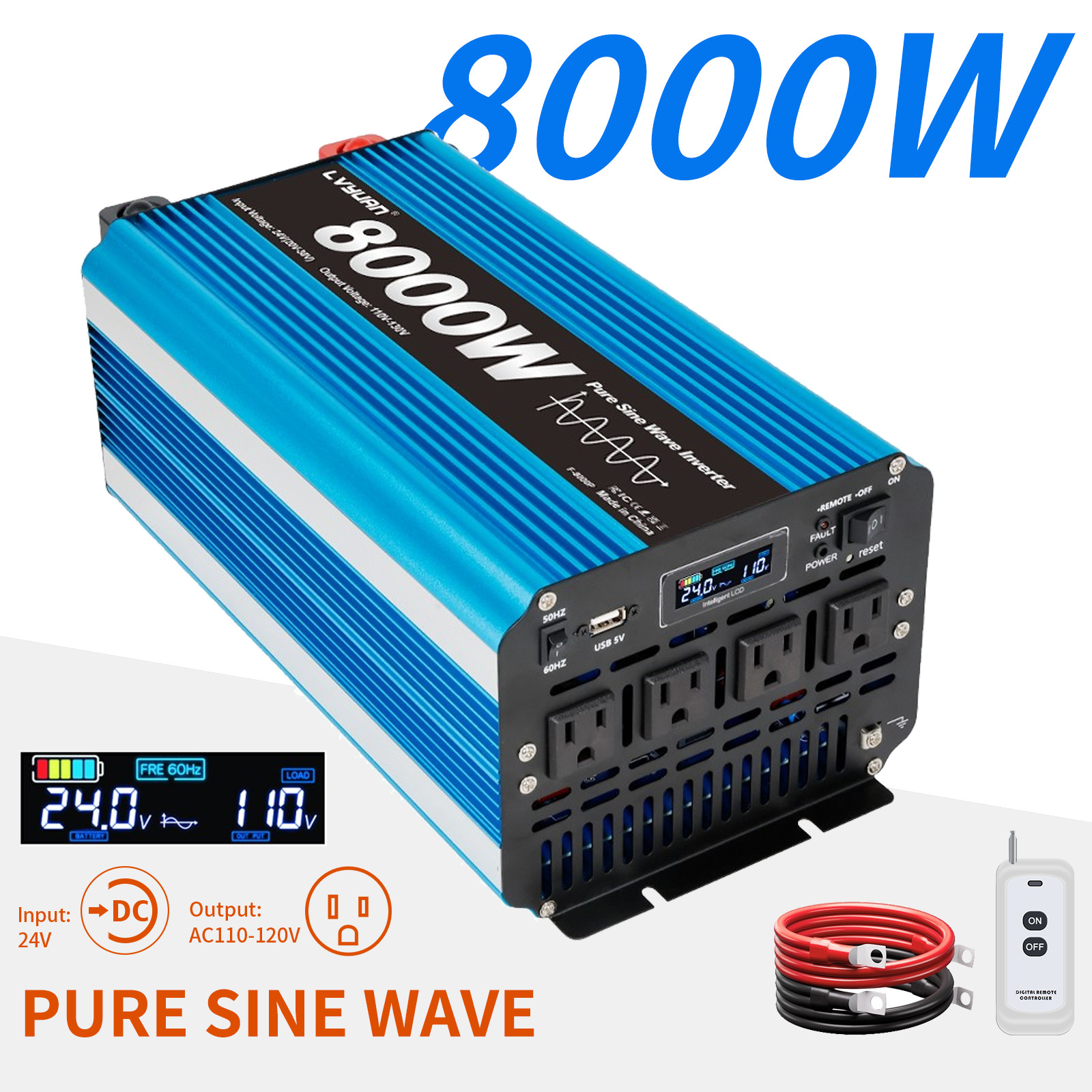 4000W 8000W 24V 110V Pure Sine Wave Power Inverter LCD Display & Remote Control
