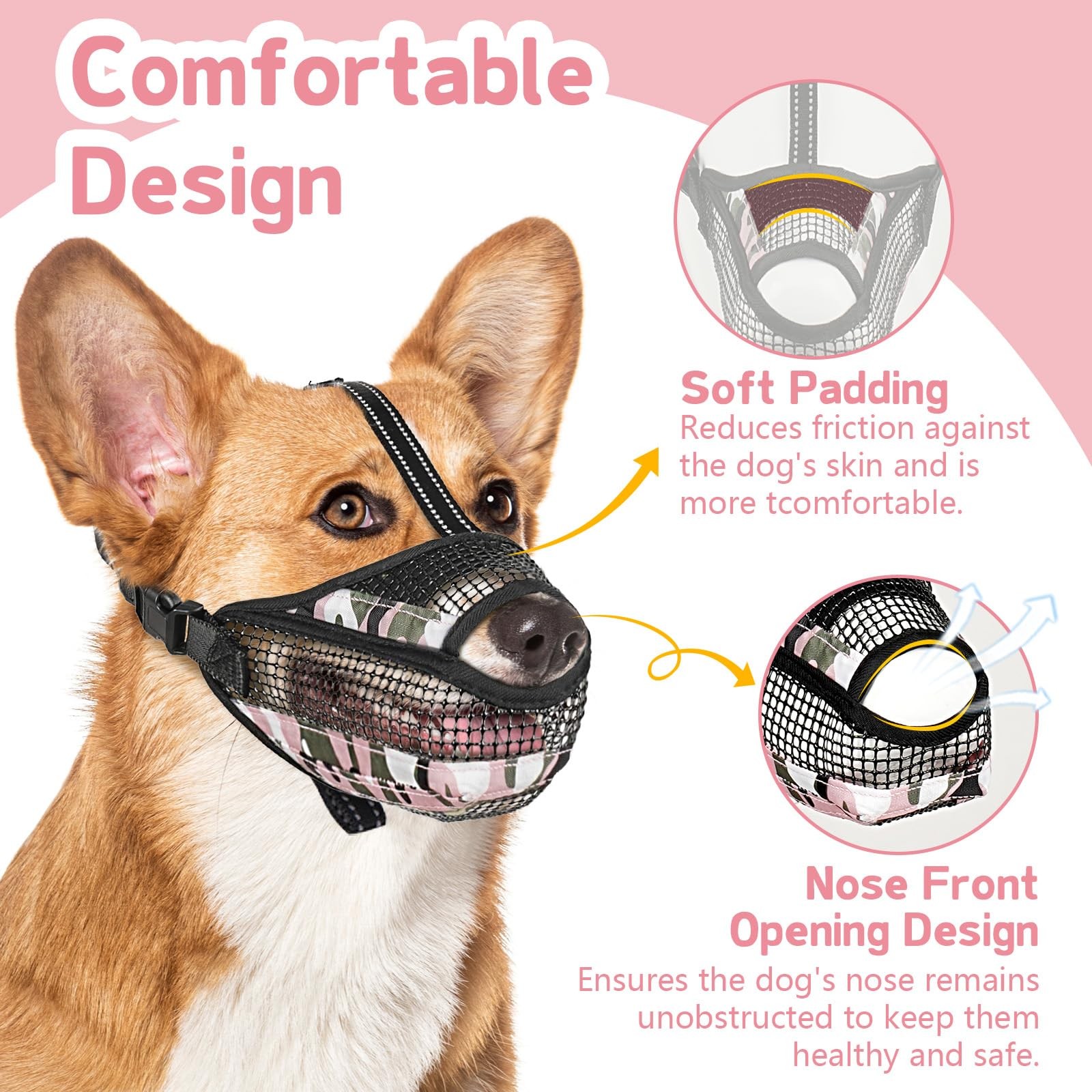Soft Mesh Dog Muzzle with Reflective Adjustable Strap, Lightweight Muzzle for...