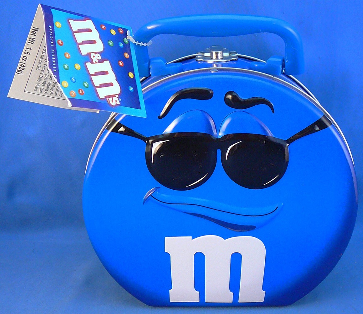 2-M & M Blue & Red Metal Tin Mars Candy Lunch Boxes 2001 Collectible & 2 Minis