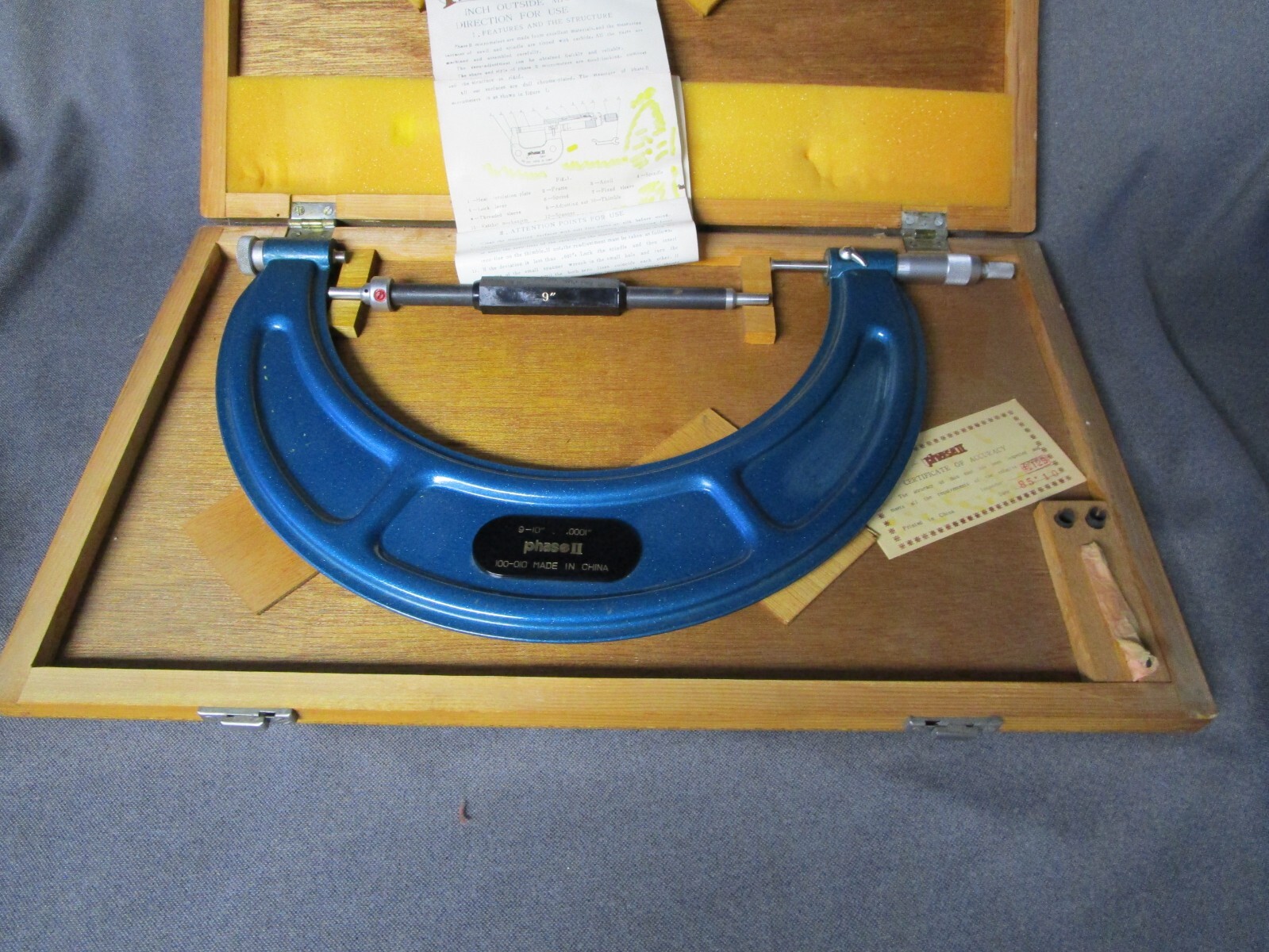 Phase II 9-10"  Precision Outside Micrometer Model 100-010 Wood Case Box Vintage