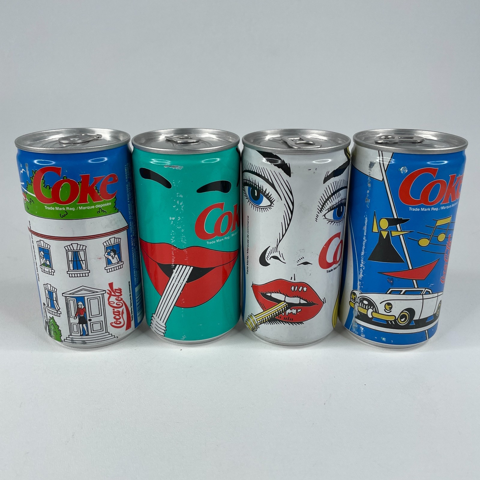 Lot of 4 Coca Cola Coke Pop Art Series Empty Soda Cans 280ml Canada 1989ish