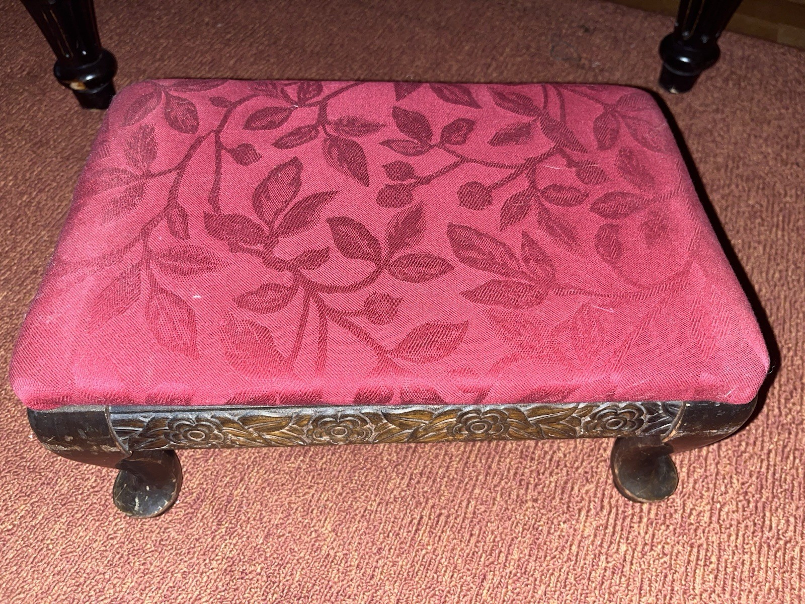 Vintage Red Queen Anne Style Footstool Antique Fabric Covered Handsome!