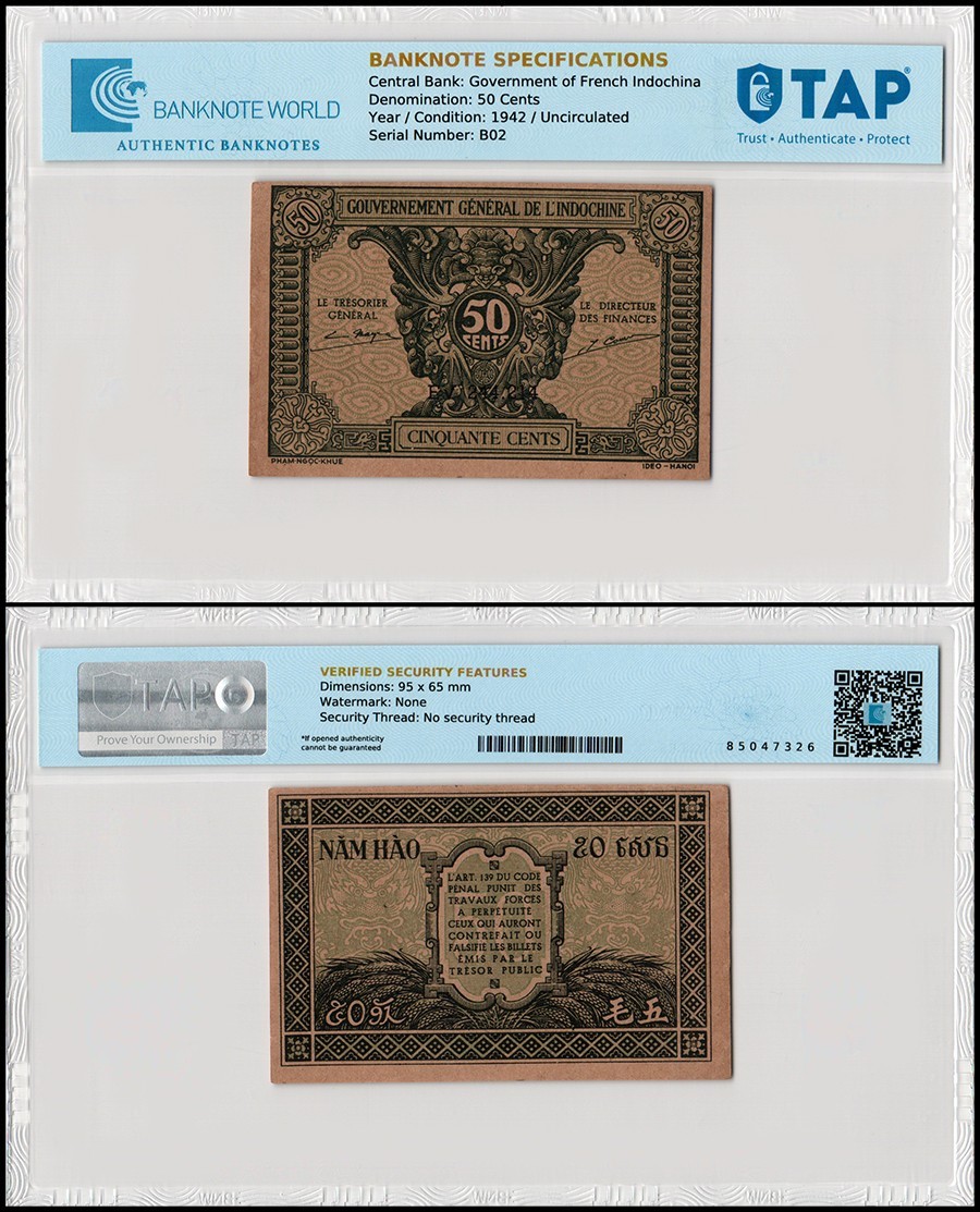 French Indo-China 50 Cents, 1942 ND, P-91, UNC, TAP Authenticated