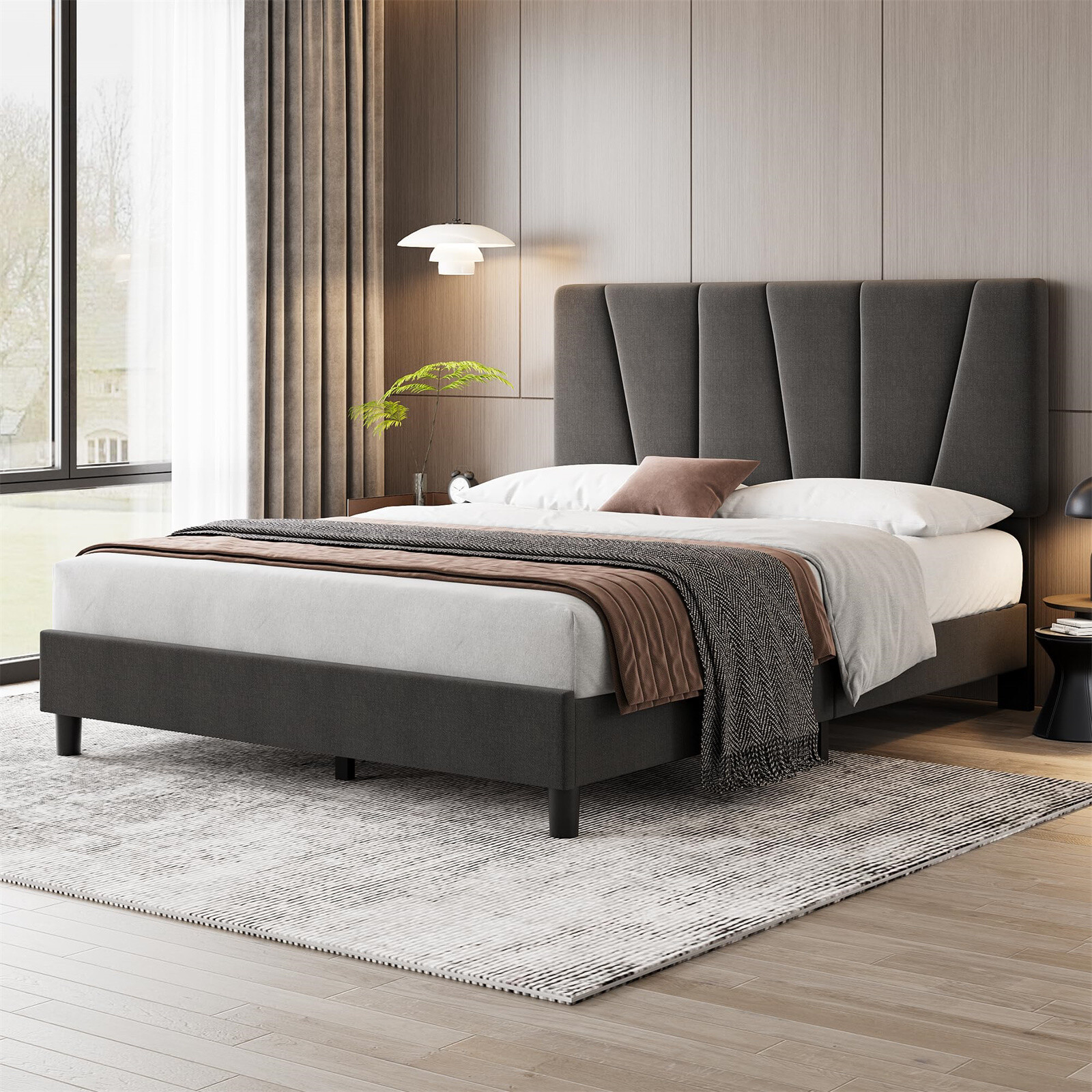 ⏯3️⃣Full Bed Frame Linen Upholstered Platform Bed w/Adjustable Diagonal Wooden S