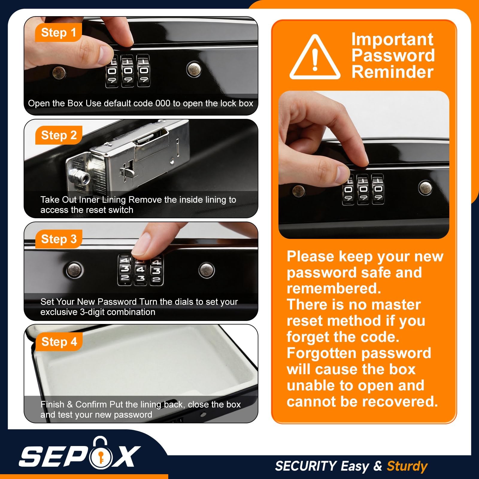 SEPOX® Water/Fire-Resistant Portable Security Case Lock Box 1pcs, Black