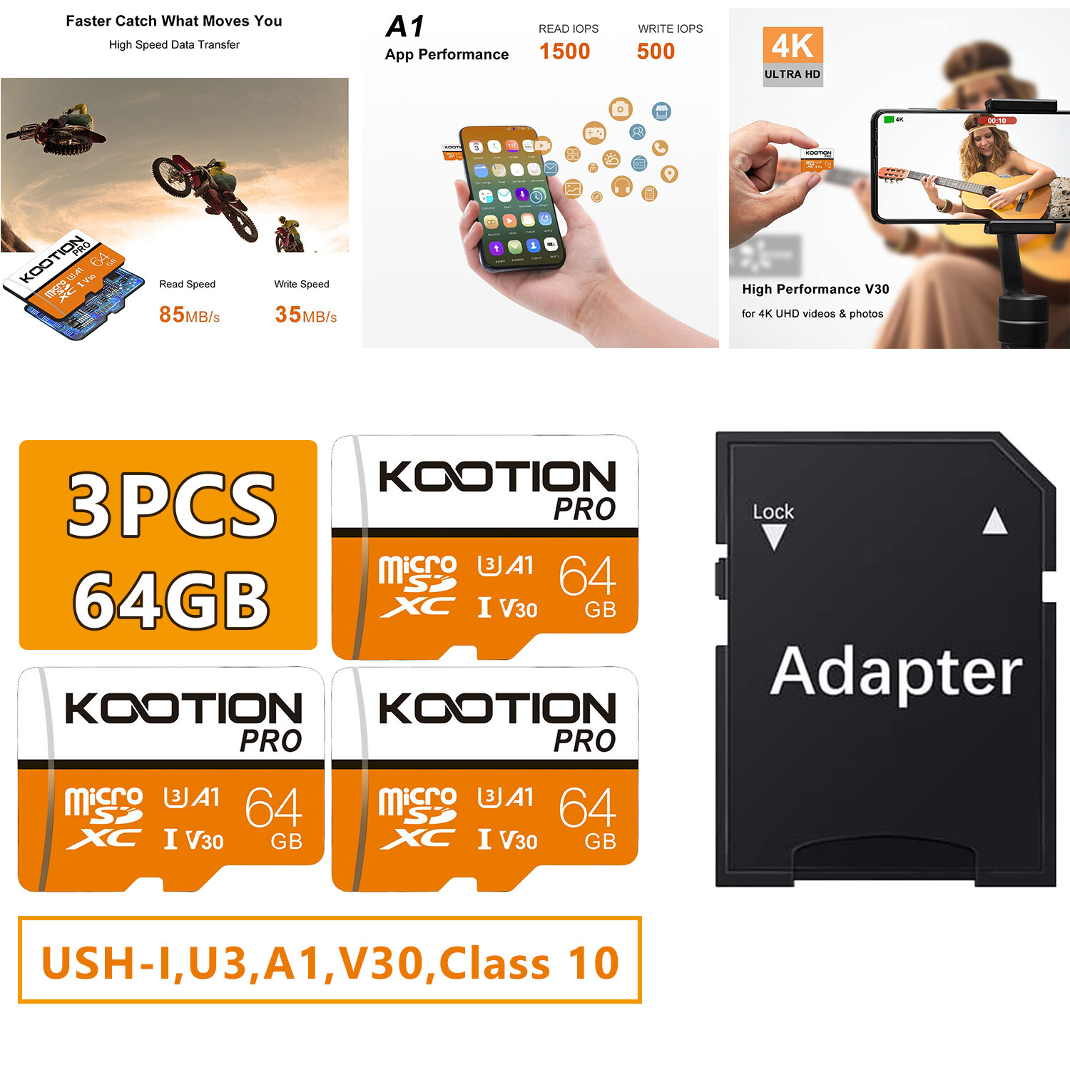 KOOTION 64GB Micro SD Card SDXC U3 C10 Memory Card TF Card For GoPro Android Lot