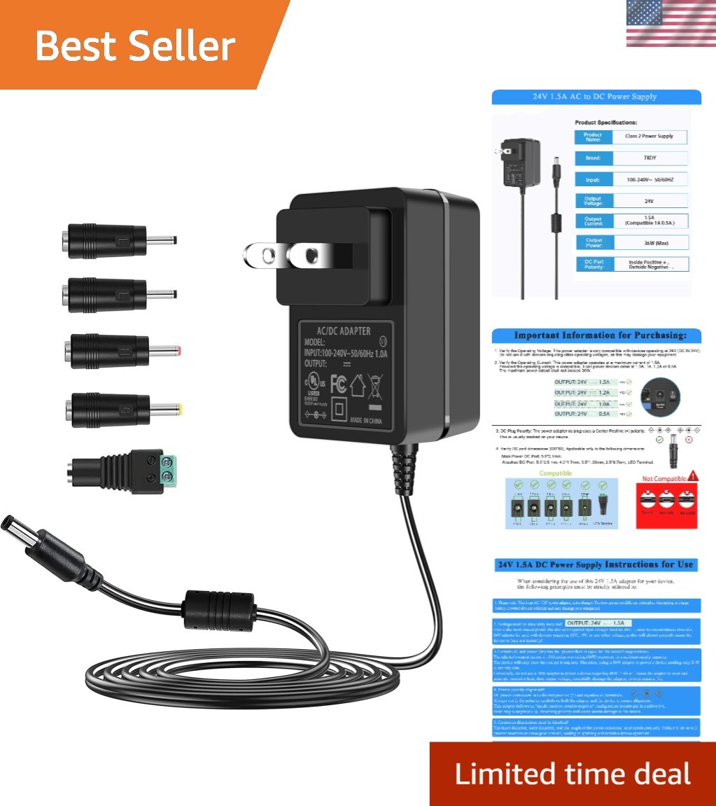 36W 24V DC Power Supply with 5 Connector Tips – Perfect for Diverse Electronics