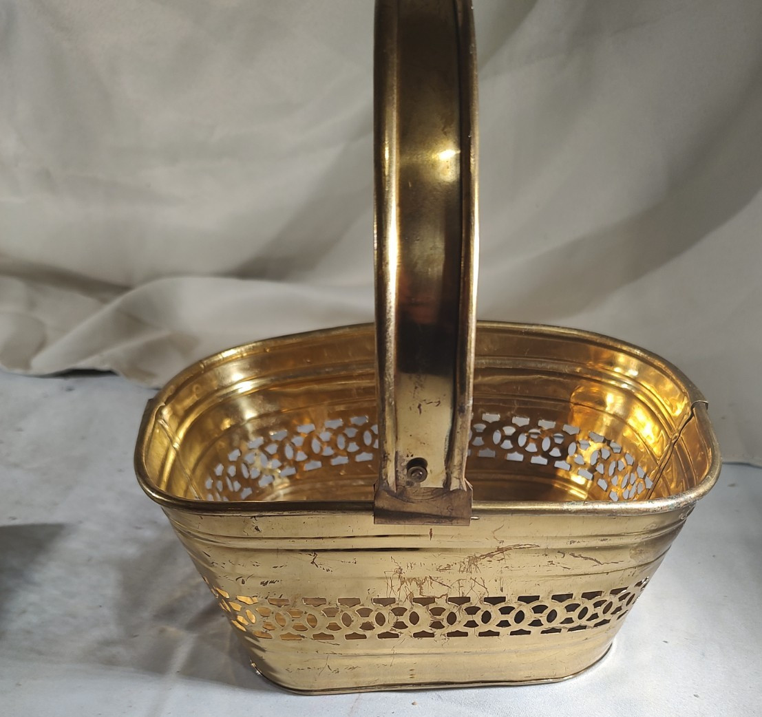 Vintage Planter Basket: Polished Brass with Handle & Pierced Metal Design