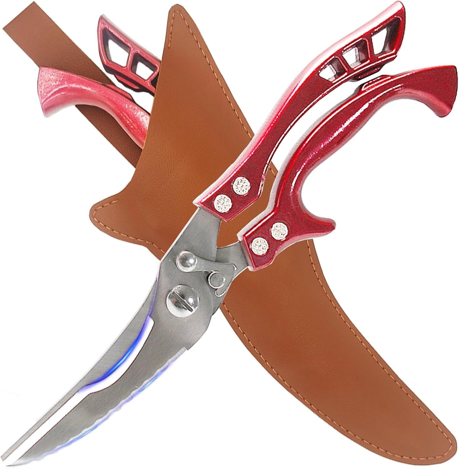 Versatile Heavy-Duty Kitchen Scissors - Non-Slip Red Handles & Leather Sheath