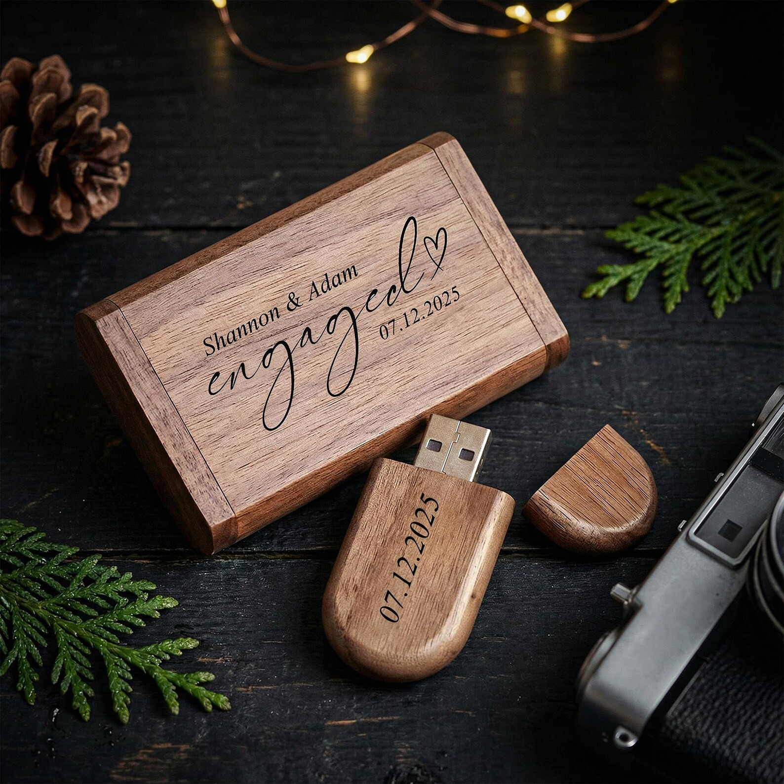 Personalised Oval Wooden USB Flash Drive & Box Engraved Wedding Photo Gift 3.0