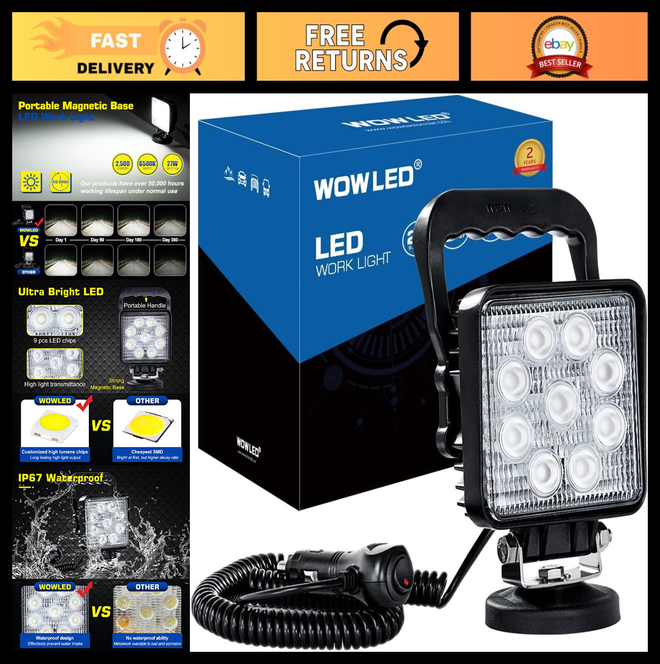 27W Portable LED Work Light with Magnetic Base - Flood Lamp for Car, Truck, Boat