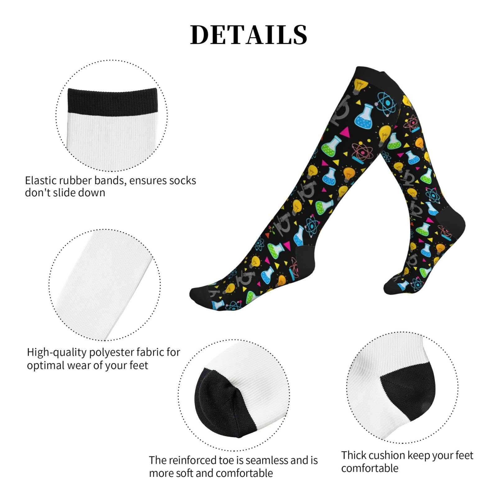 WOAIDY Knee High Compression Socks with One Size, Science Doodle Black