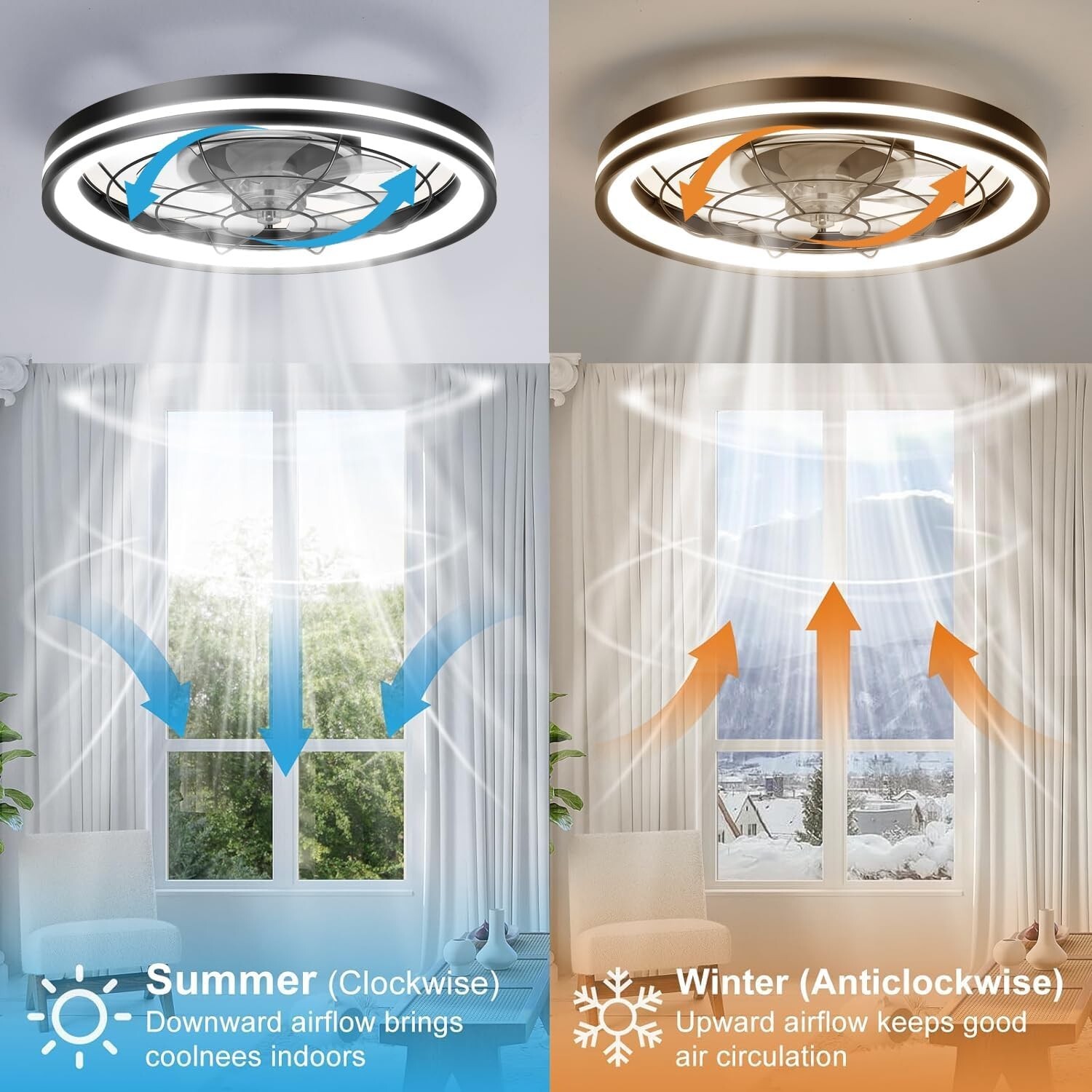 20" Modern LED Ceiling Fan Lights Flush Mount Light kit With APP Remote Control