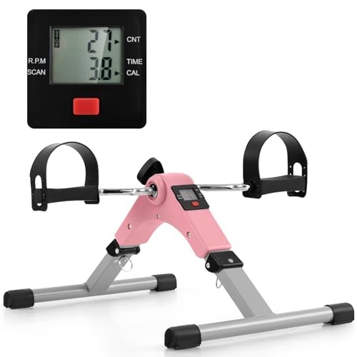 GOPLUS MINI EXERCISE BIKE, FOLDING UNDER DESK BIKE PEDAL EXERCISER LCD - PINK