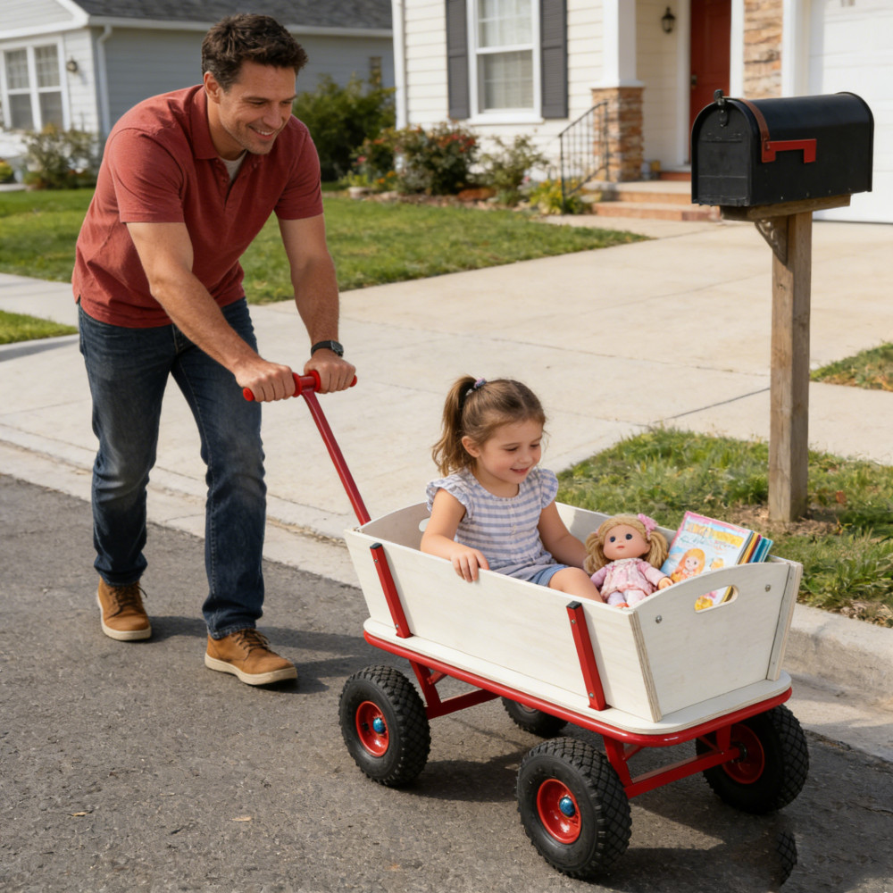Kids Wooden Toy Wagon Red Outdoor Hauler - 260 lbs Load Capacity