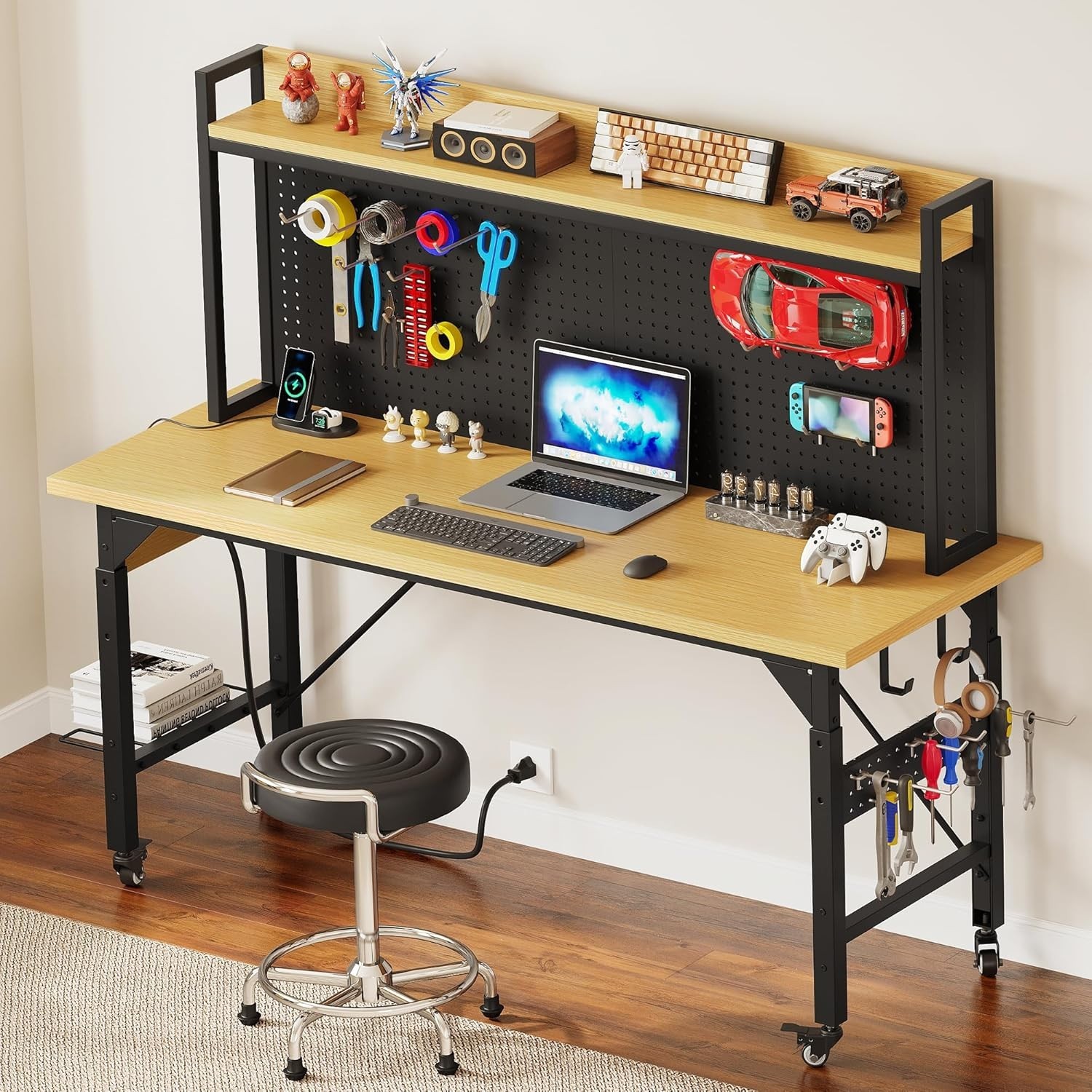 60" Adjustable Workbench with Pegboard, Heavy Duty Wood Top Work Bench with W...