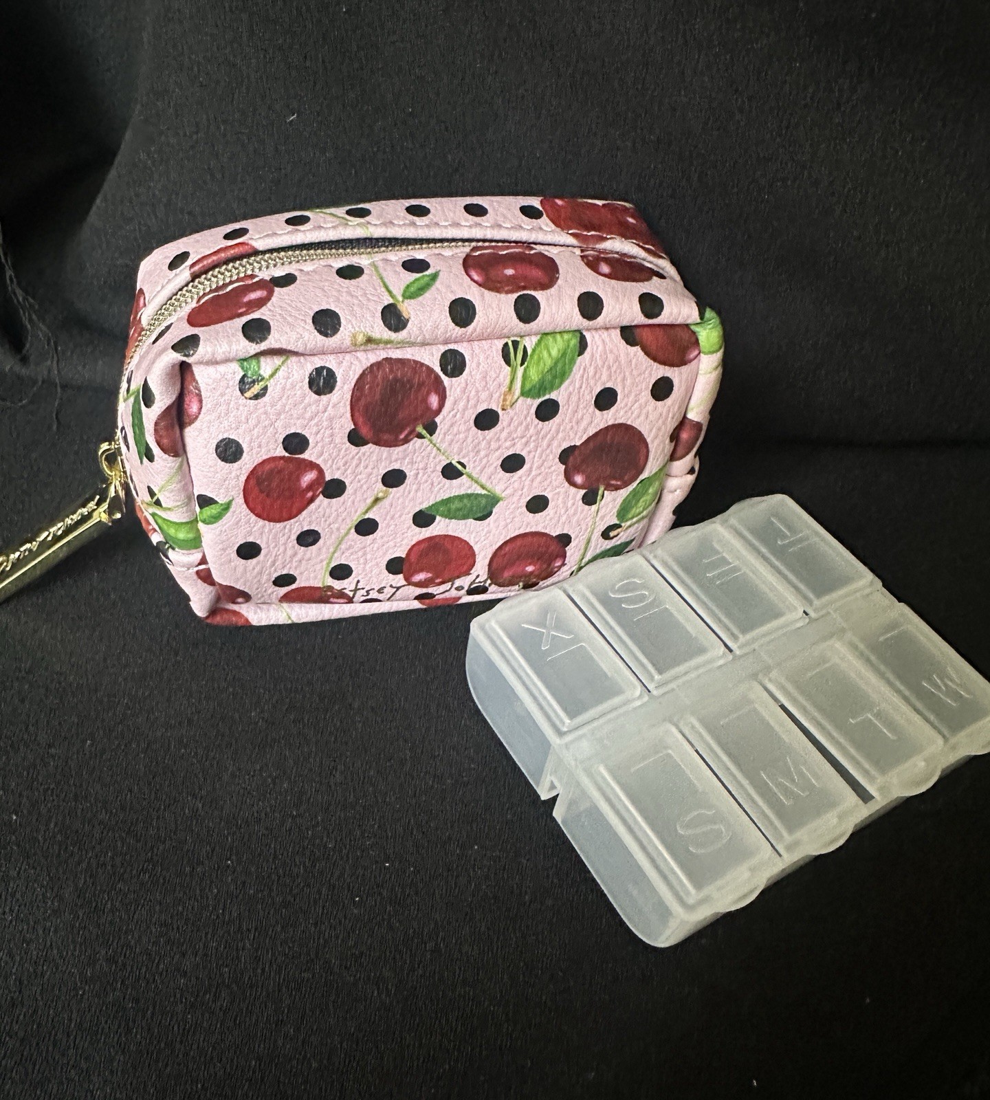 Betsey Johnson Pill Box and Case/ Cherries/Pink Polkadot