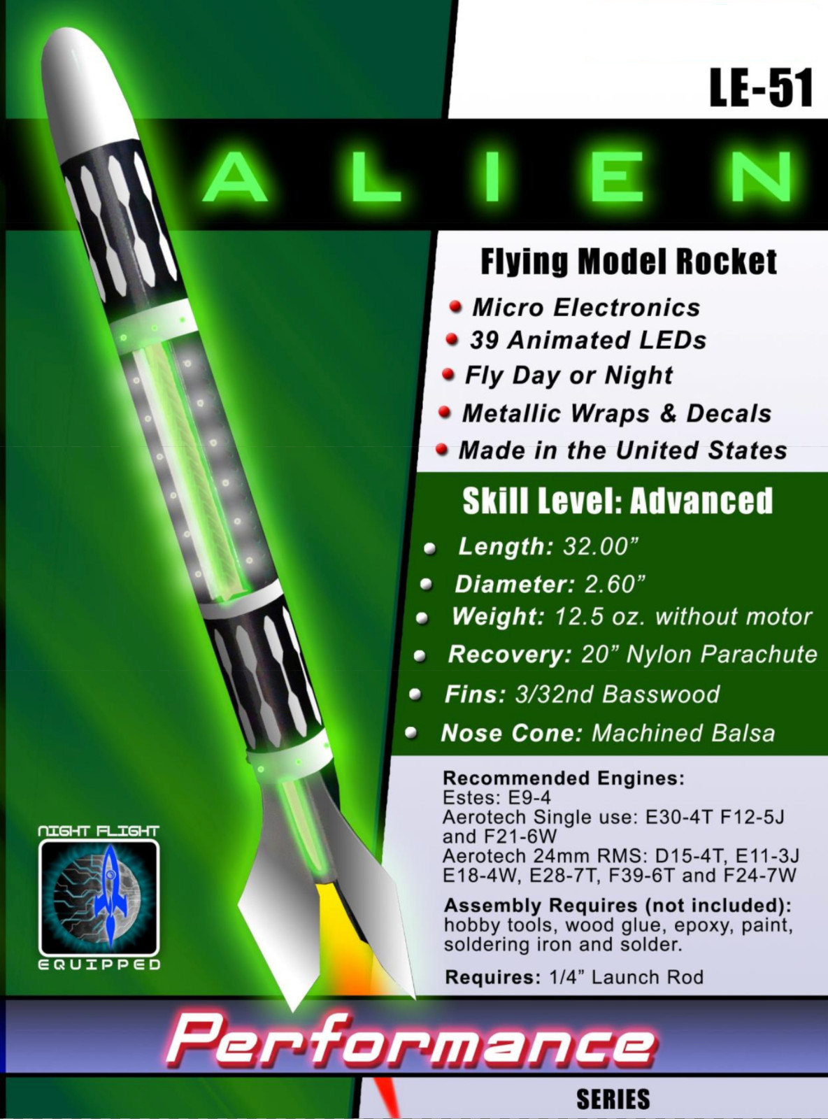 Leading Edge Rocketry LLC Alien Flying Model Kit Advanced Skill Night Rocket