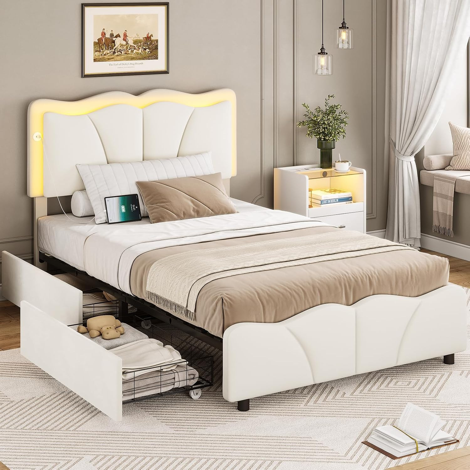 Twin Bed Frames with 4 Storage Drawers and LED Lights, Velvet Upholstered Platfo