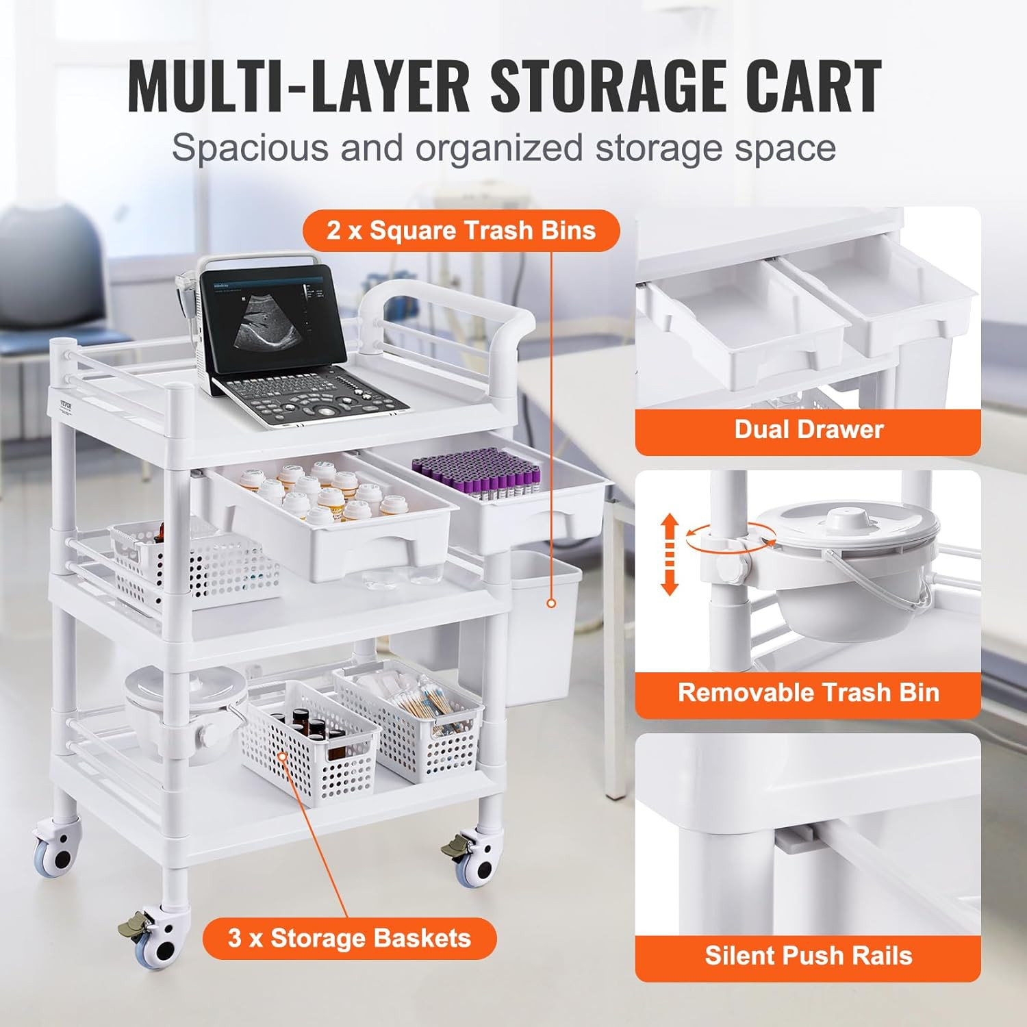 Medical Mobile Trolley Cart with 2 Drawers & 3 Trash Cans, 3 Tiers Beauty Salon