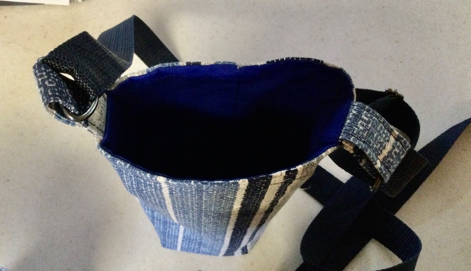 Handmade Crossbody Water Bottle Holder; Blue/Gray Stripe; Adjustable Strap/Lined
