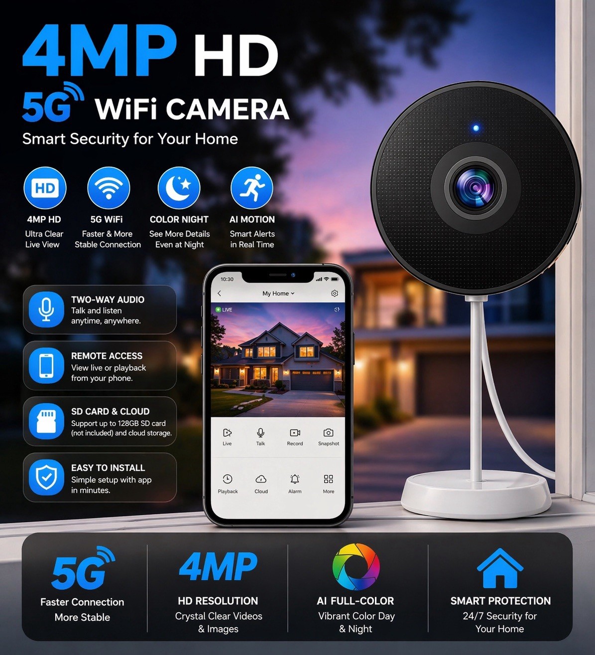 4mp HD Smart Window Camera WiFi Indoor Security Cam, Motion Detection