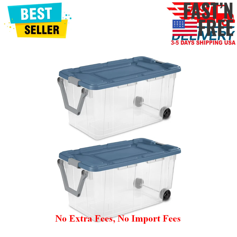 Sterilite 160 Quart Wheeled Storage Box, Plastic Bin, Blue Moonlight, Set of 2