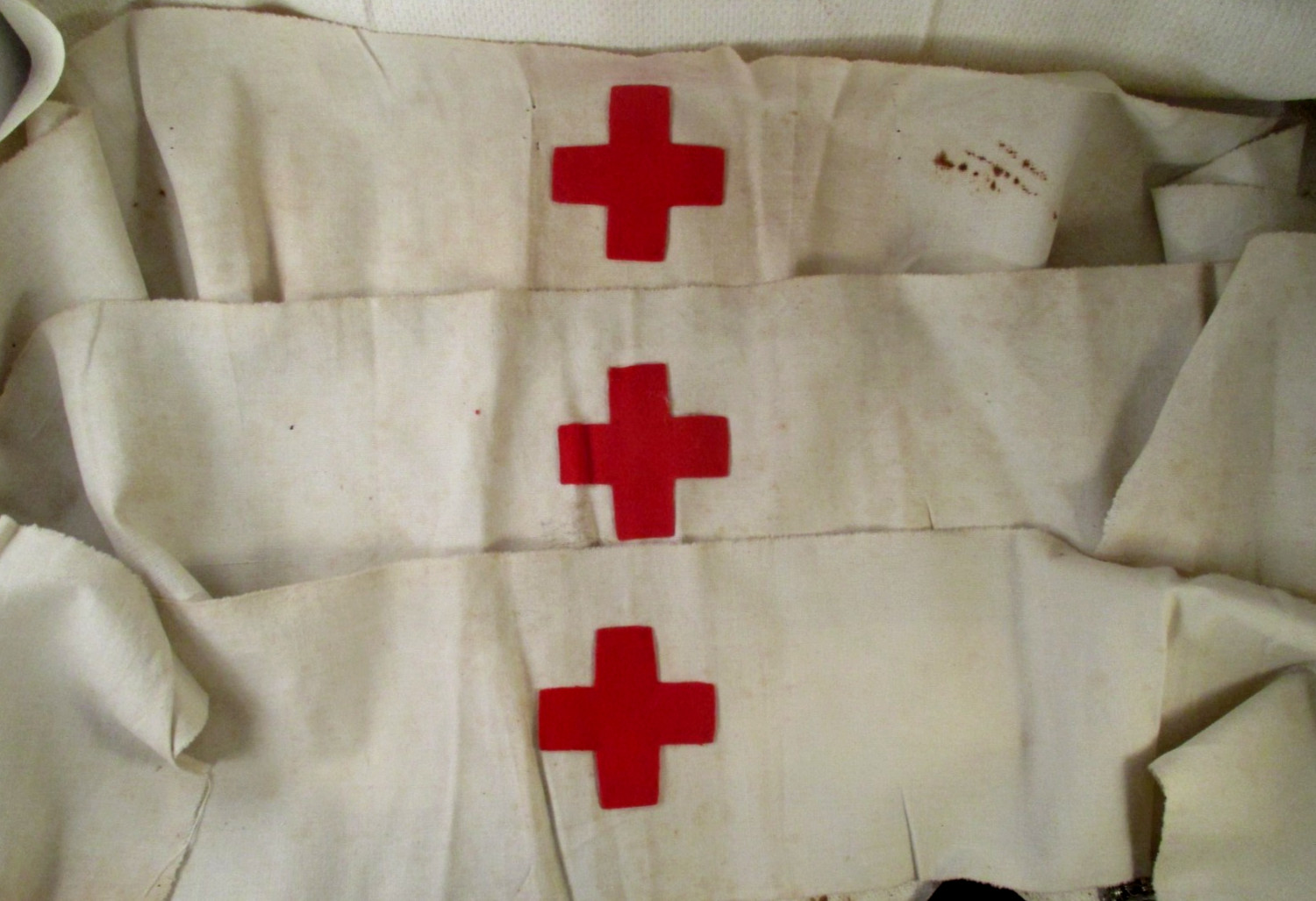 (3) Vintage WWII? MILITARY? MEDIC RED CROSS STAMPED ARM BANDs HAND STITCHED