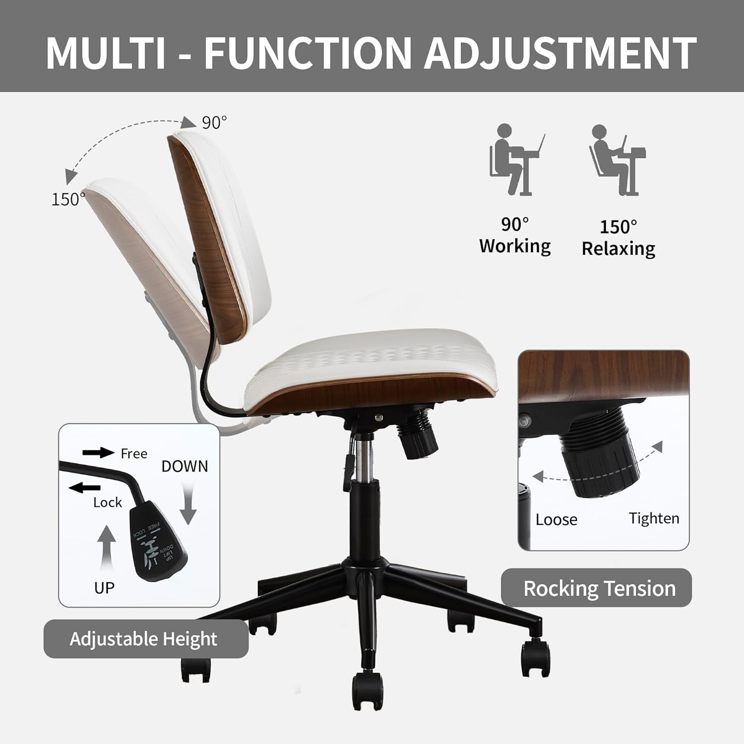 Small Home Office Chair Armless Mid Back Desk Chair W/ 360° Swivel & Wheels PU