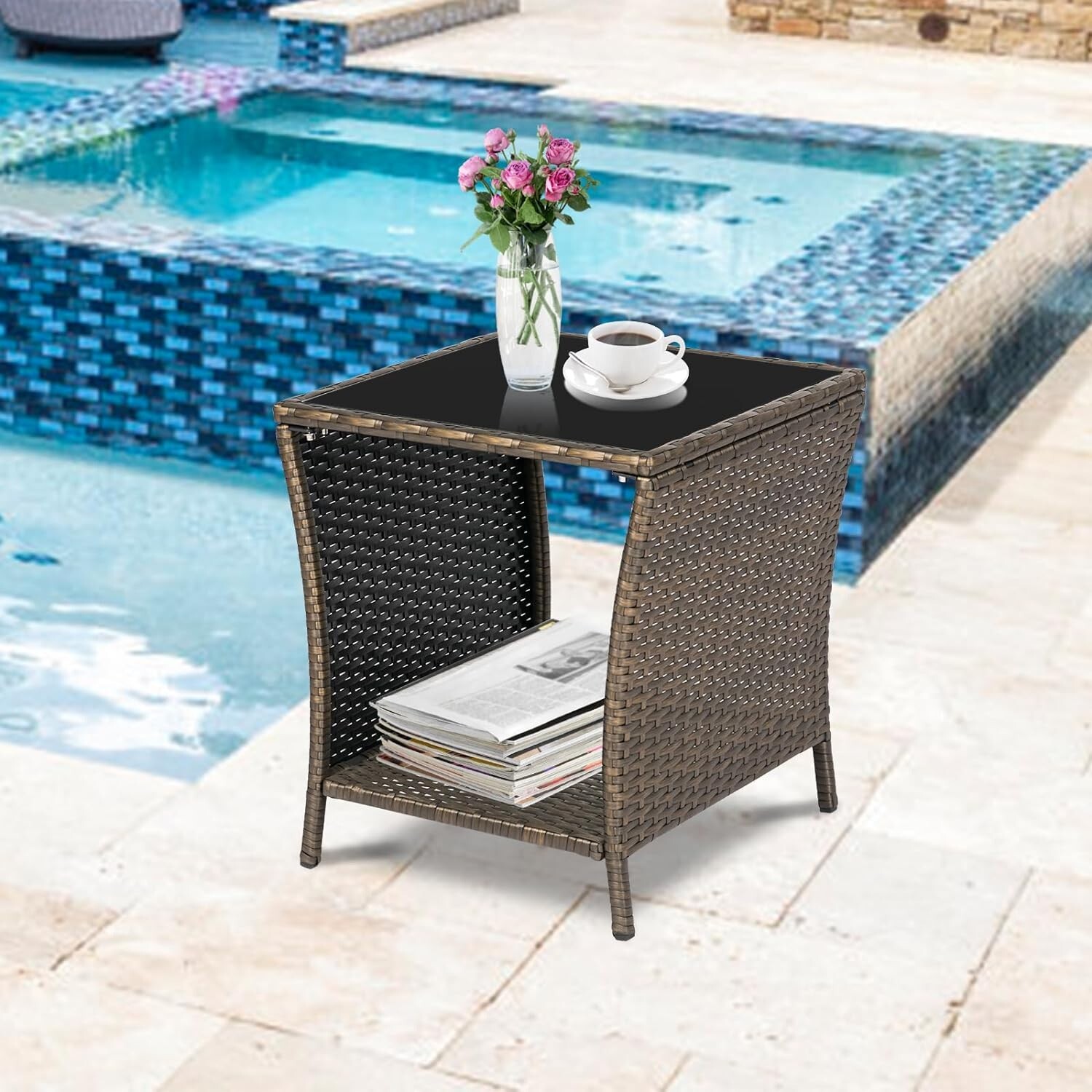 Patio Brown Wicker Side Table Outdoor Square Tempered Glass Top End Table Garden