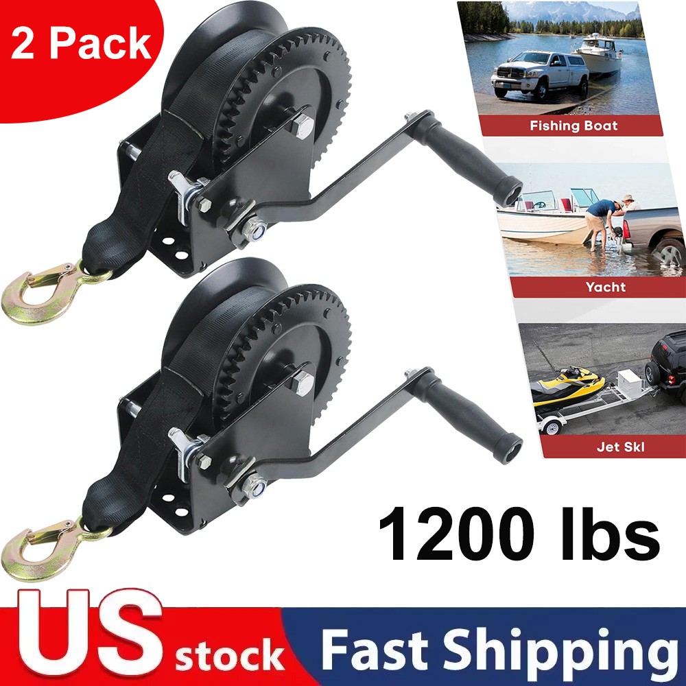 2 Pack 1200lbs Heavy Duty Boat Trailer Winch, Hand Crank Winch with 26FT Strap