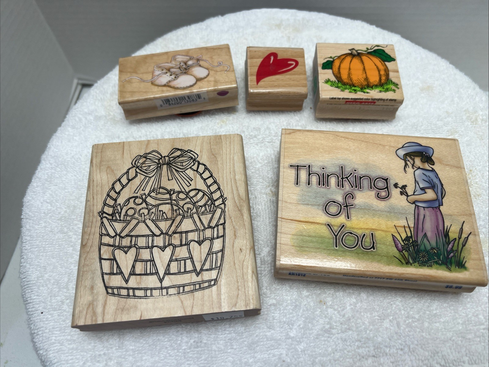 Lot Of  5 VTG  Wood Mounted Rubber Stamps Easter, Baby, Pumpkin, Heart, Thinking