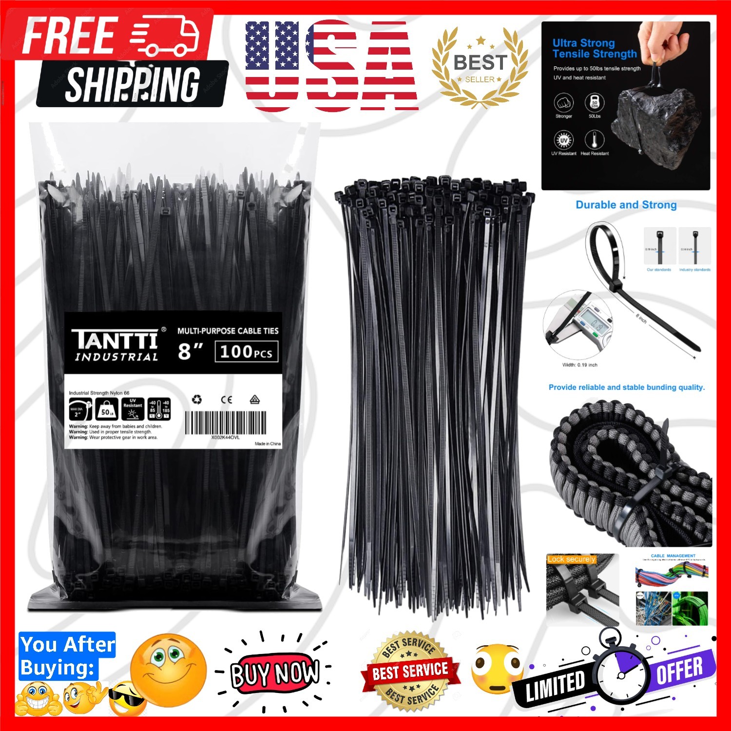 Zip Ties 8 inch Black Zip Ties with 50 Pounds Tensile Strength,Cable Ties,100...