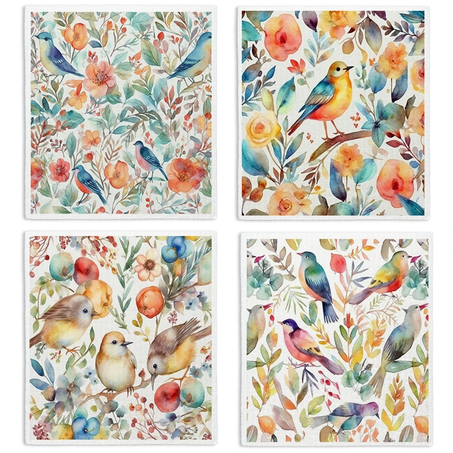 Flower Bird Swedish Dishcloths for Kitchen Papaya Reusable Paper Towels 4 Pac...