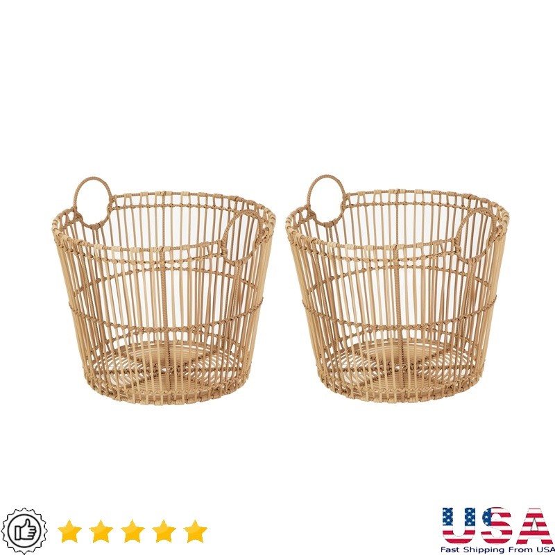Large Open Poly Rattan Storage Basket W/ Handles 2 Pack Home Organization New