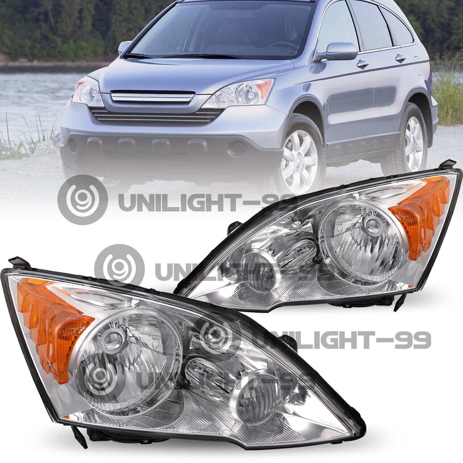 For 07-11 Honda CRV CR-V Chrome Amber Corner Headlights Assembly Pair 2007-2011