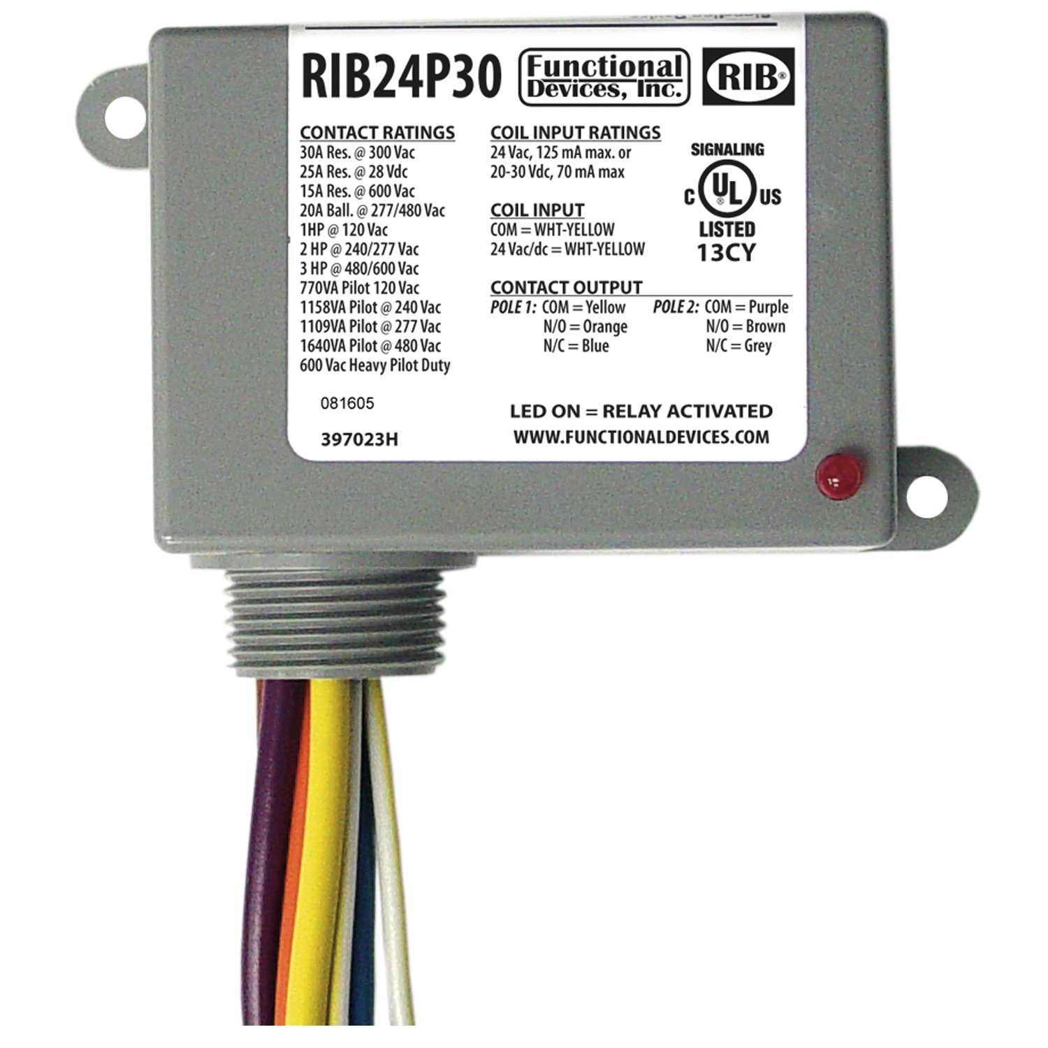 Functional Devices RIB24P30 Relay 24 Vac/dc 30 Amp DPDT
