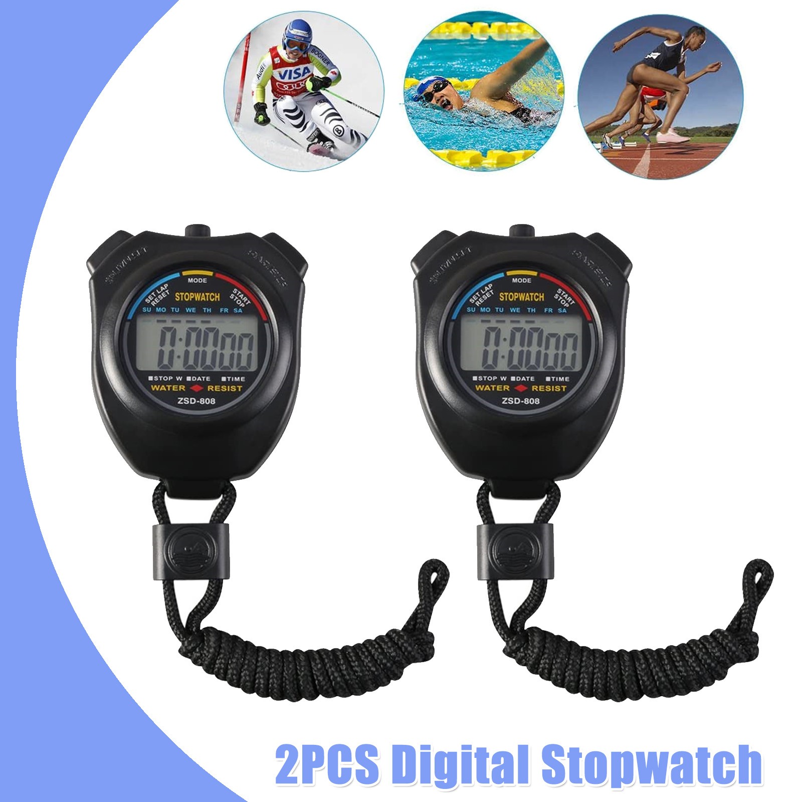 2PCS Digital Stopwatch Sports Counter Chronograph Date Timer Odometer Watch SET