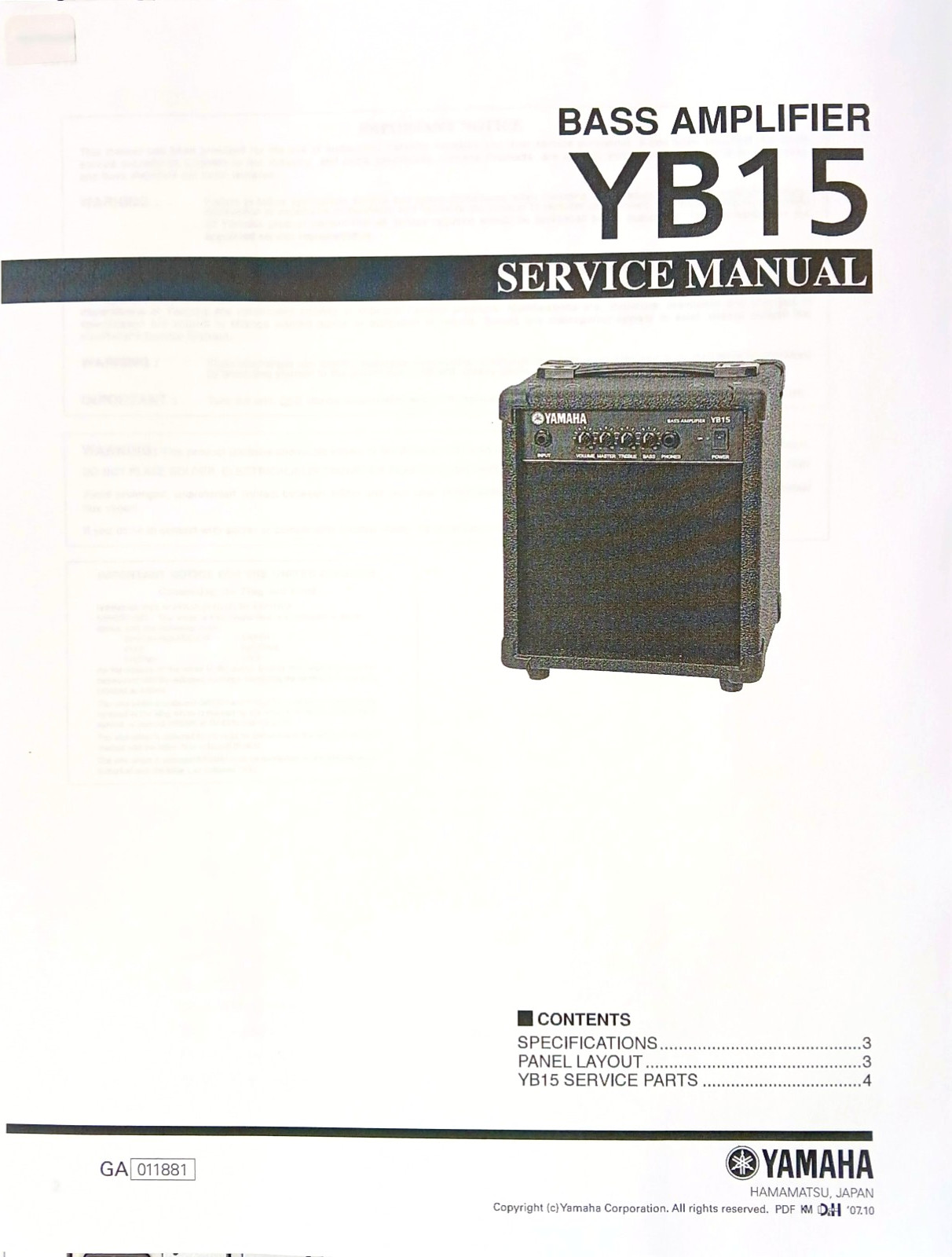 Yamaha YB15 Bass Guitar Amplifier Amp Service Manual Notes, Reproduction.