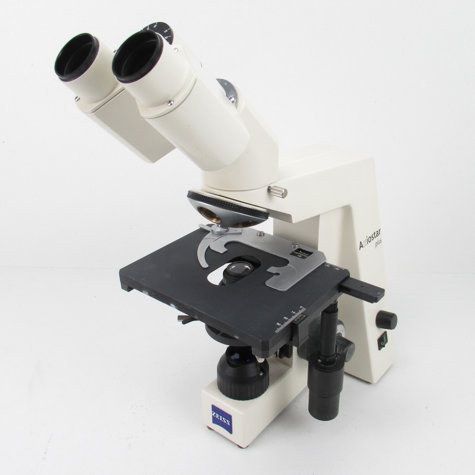 ZEISS AXIOSTAR PLUS MICROSCOPE W/ HEAD & CONDENSER, NO OPTICS - STAINS ON KNOBS